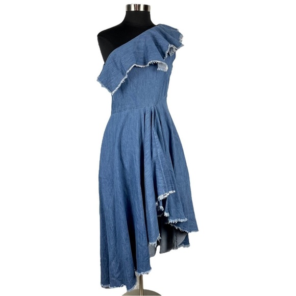 TOV HOLY DENIM ONE SHOULDER RAW HEM RUFFLE HIGH LOW MIDI DRESS - Picture 5 of 16